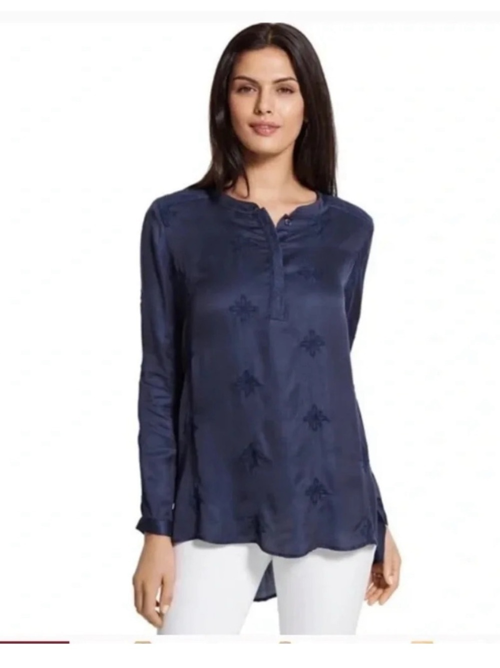 Chico’s Navy Blue Medallion Maggie Embroidered Tunic